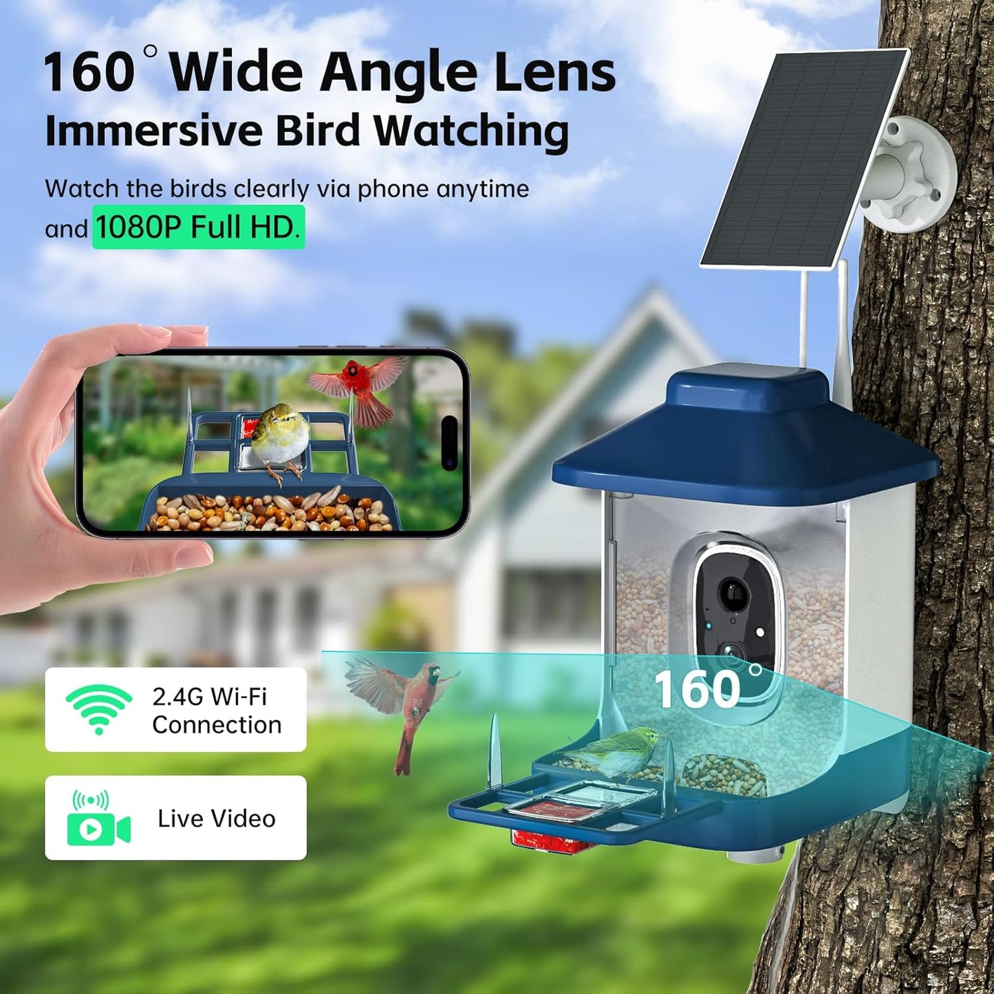 Bird Feeder with Camera, AI Bird Identification, Full HD Live Video, Solar Powered, 2.4Ghz WiFi, Instant Arrival Alerts - Best Gifts for Bi rd Lover