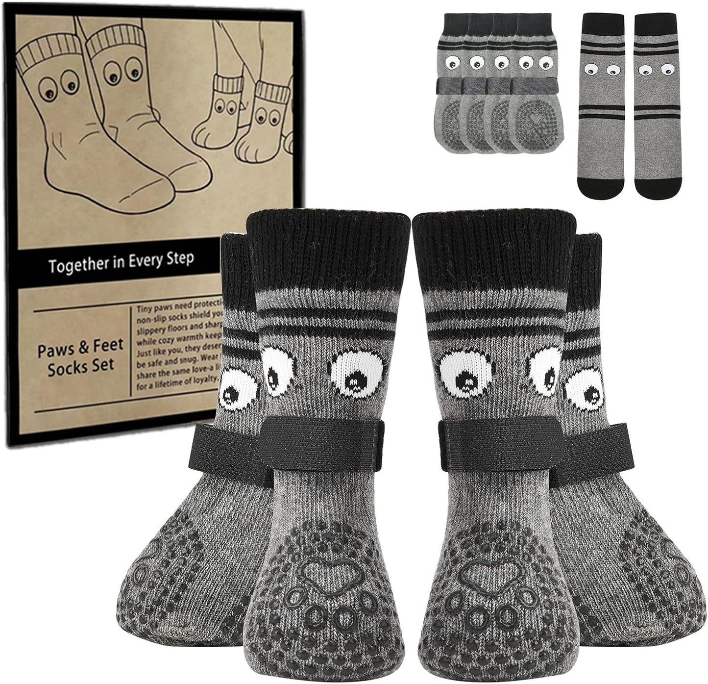 Non-Slip Dog Socks & Owner Sock Set- Extra-Grip, Paw Protection for Senior & Active Dogs(Grey,L)