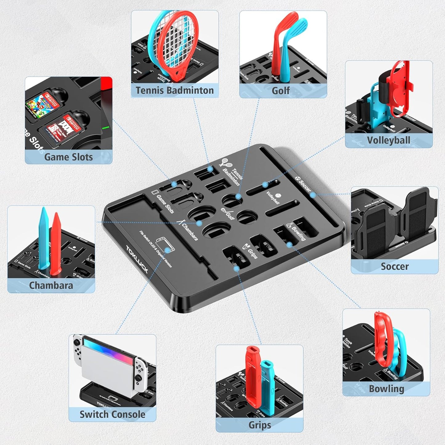 Switch Sports Accessories Kit with Storage Station - Compatible with Switch/OLED & Joy-con, Ideal for Family Sports Party Game Organization for Nintendo Switch Interactive Gaming Figures