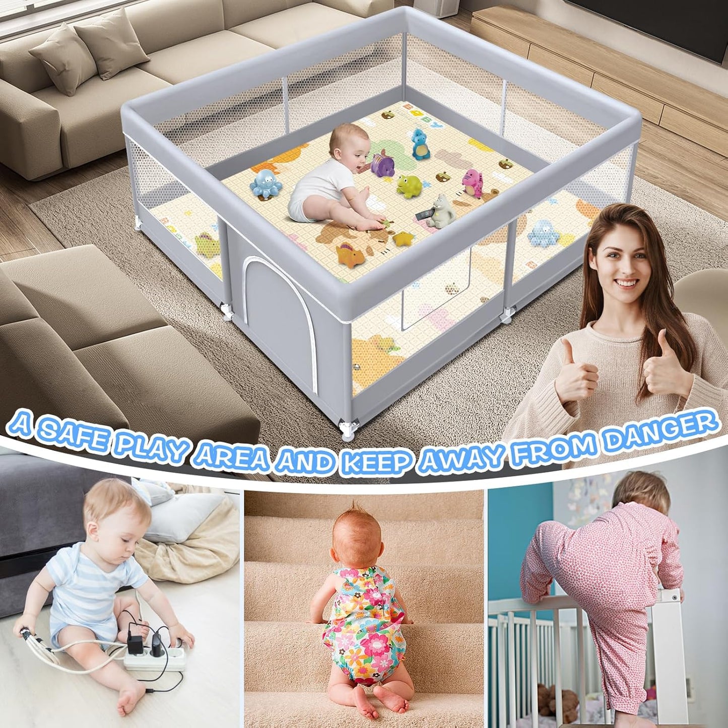 Baby Playpen with Mat, 50x50 Inch Play Pen, Playpen for Babies and Toddlers, Baby Playard for Indoor & Outdoor Active Center Game Fence, with Skin-Friendly Fabric and Soft Breathable Mesh