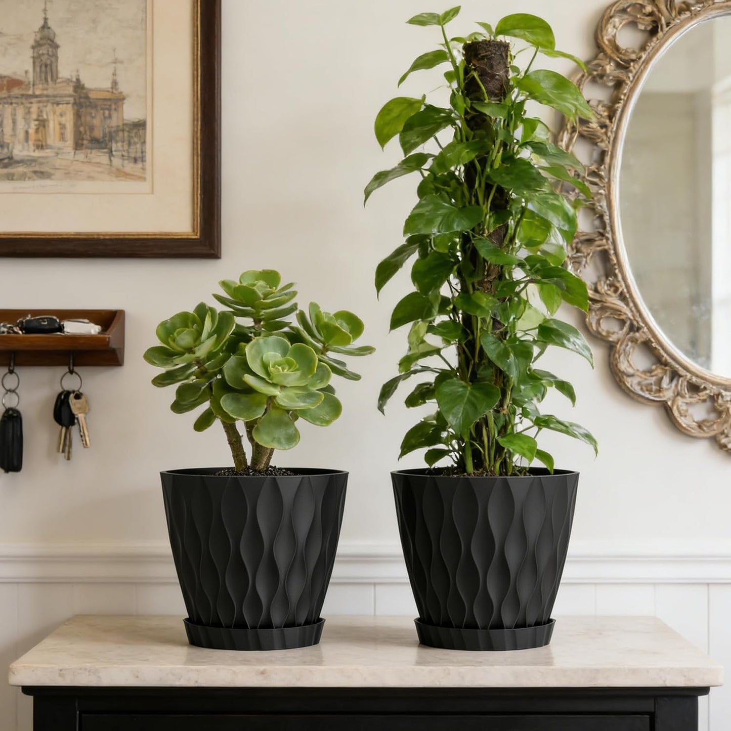 8 Inch Plant Pots, 2 Pack Plastic Planters for Indoor Outdoor with Drainage Holes & Saucers, Waffle Texture Flower Pots for Indoor Plants, Indoor Plant Pots for Monstera, Fiddle Leaf Fig, Black