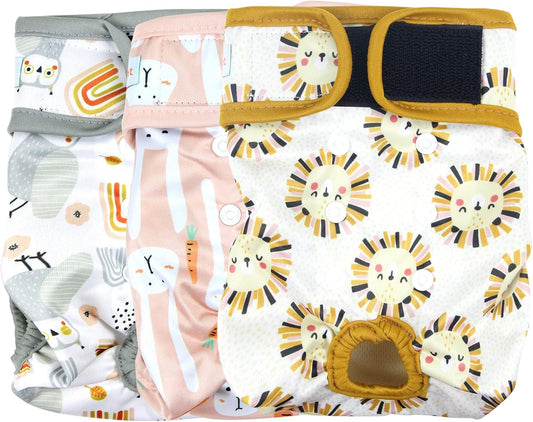 Langsprit Washable Female Dog Diapers (3 Pack) - Doggie Reusable Small Medium Large Dog Diapers for Doggy Puppy Female in Period - Highly Absorbent Dog Heat Panties (Medium,Rabbit, Owl, Lion)