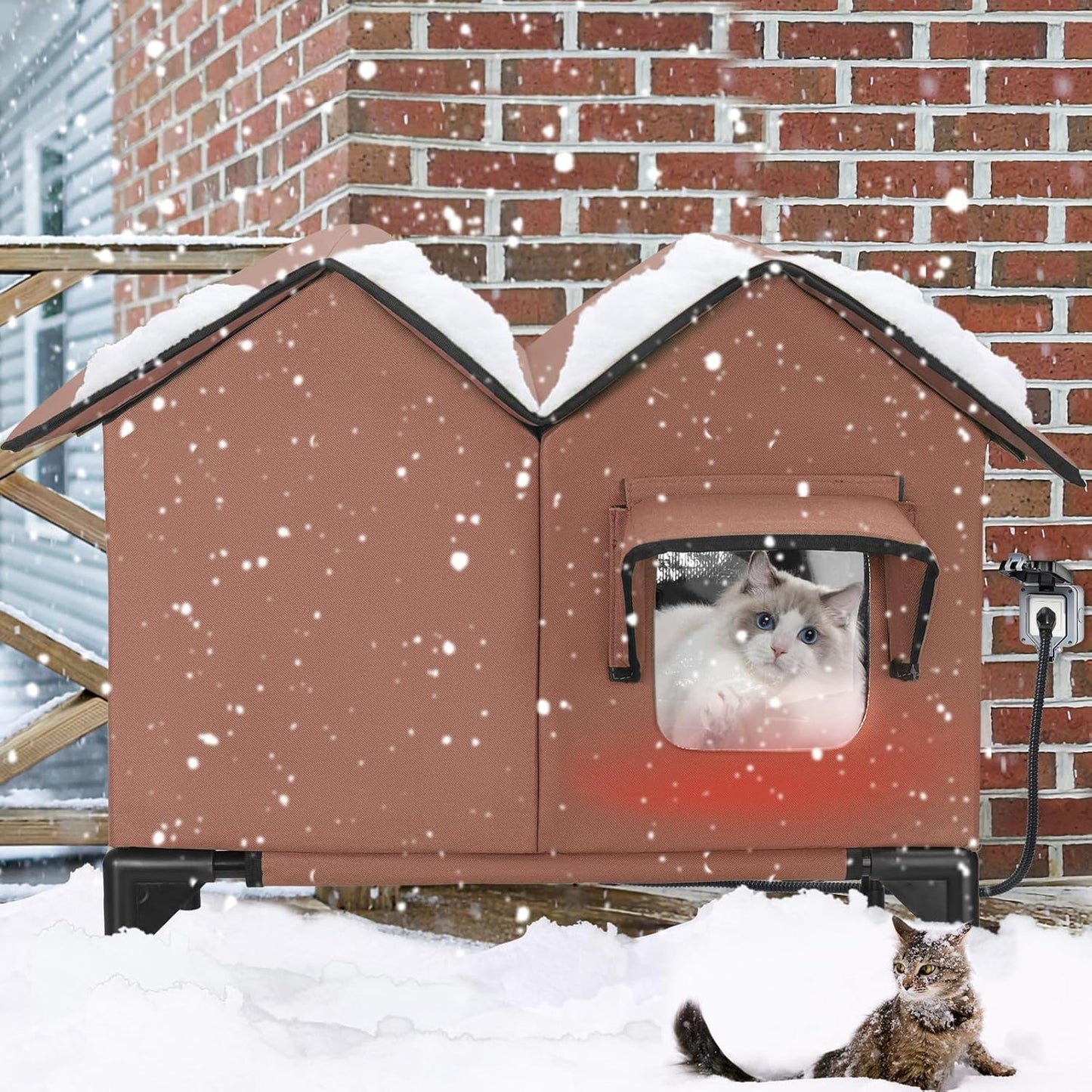 Heated Cat House for Outside Winter, Large Heated Outdoor Cat House Weatherproof, Elevated Bed, Escape Door, Insulated Outdoor Cat Shelter with Heater for Multiple Cats Feral Stray Kitty, Easy Setup