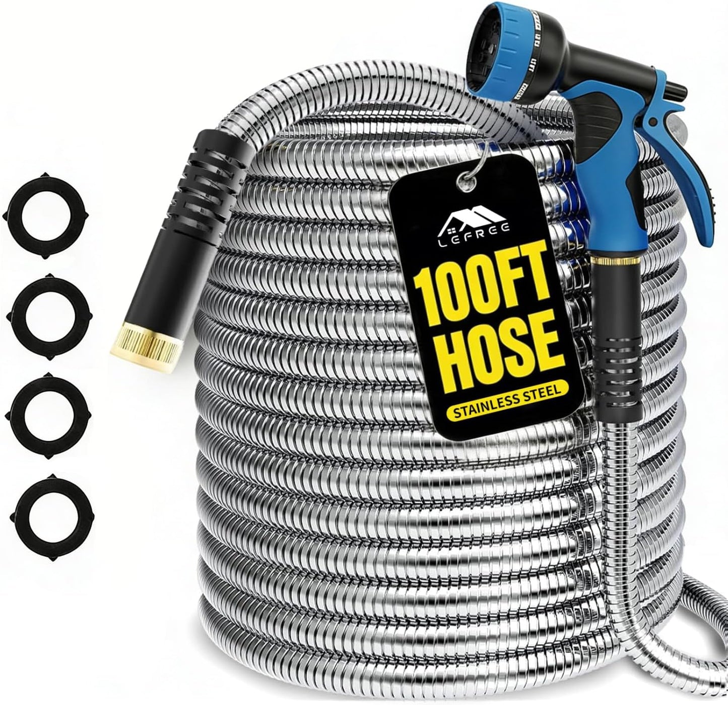 Lefree 100ft Metal Garden Hose - Heavy Duty 304 Stainless Steel Flexible Water Hose, No Kinks & Leak-Proof with Upgraded Handle, 10-Function Spray Nozzle & 4 Spare Gaskets for Yard, RV, Pet Bath