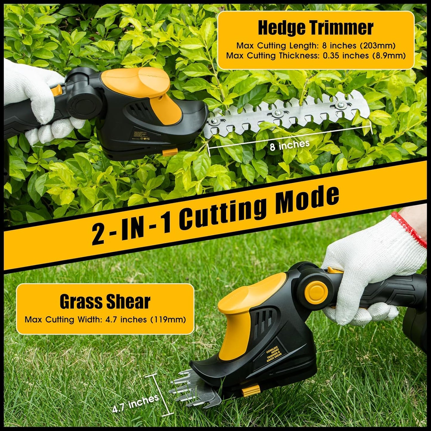 Hedge Trimmer Cordless for DEWALT 20V MAX Battery, 1200RPM Grass Trimmer Electric Hedge Trimmer, 2 in 1 Design, Perfect for Yard, Garden, and Lawn Care(Battery Not Included) (Yellow)