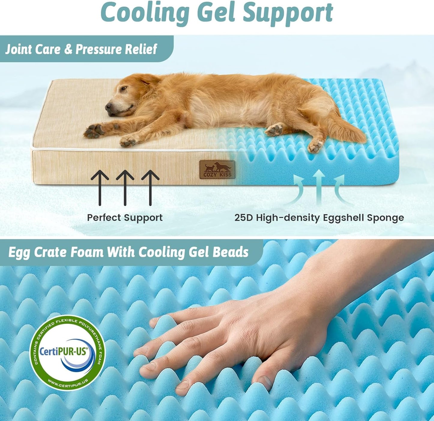 Cooling Dog Bed for Crate, Waterproof Orthopedic Dog Crate Mat with Removable Washable Cover, Egg Crate Foam Support Dog Bed, 36x27x3 Inch,Beige