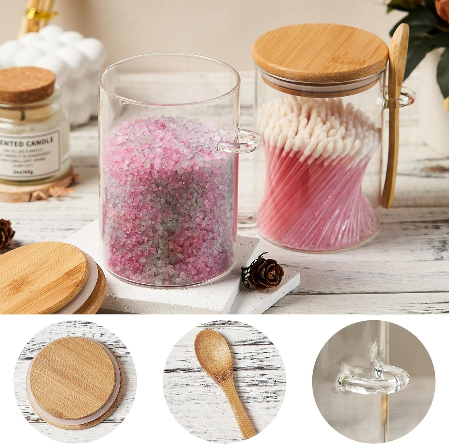 Glass Sugar Container with Spoon - 2 Pack 15oz Glass Jars with Bamboo Lid and Spoon, Bamboo Lid Storage Jar Canister for Coffee Beans, Spice, Brown Sugar, Tea, Flour, Nuts, Candy, Salts and More