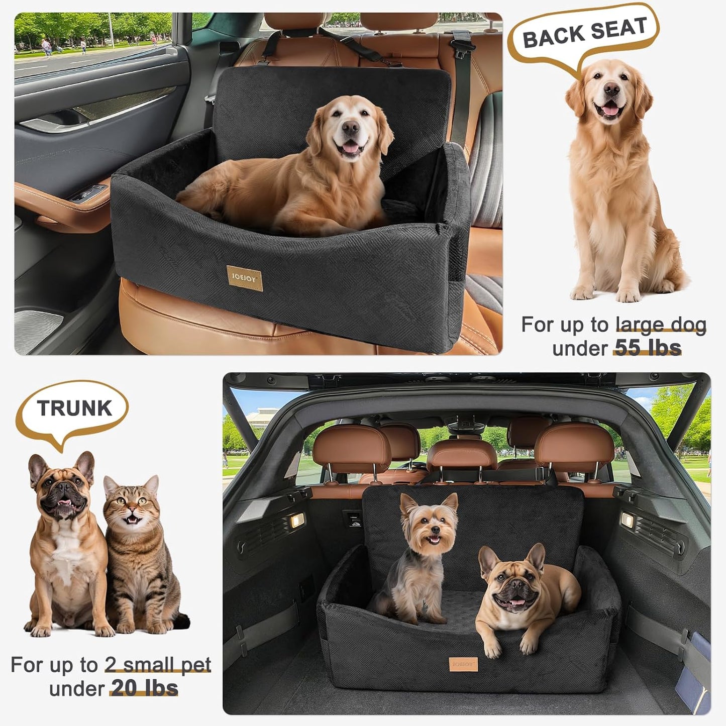 JOEJOY Dog Car Seat for Large Medium Sized Dogs Under 55 lbs, Dog Booster Seat for 2 Small Dogs with Detachable Washable Cover, Memory Foam Pet Car Seat with 2 Safety Belts and Storage Pockets