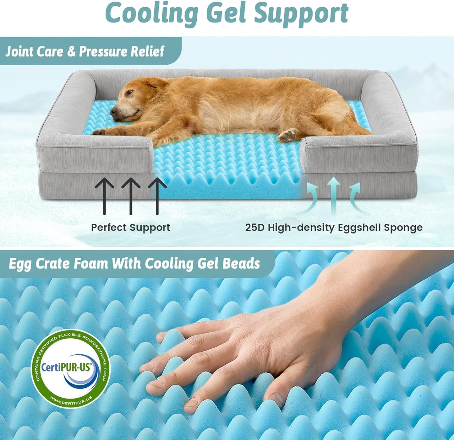 Cooling Dog Bed for Extra Large Dogs, Q-Max >0.4 Summer Cool Orthopedic Foam Pet Sofa Bed with Sides, Bolster Anti-Slip Couch with Washable Removable Cover, XXL 48x35x7.5 inch, Grey