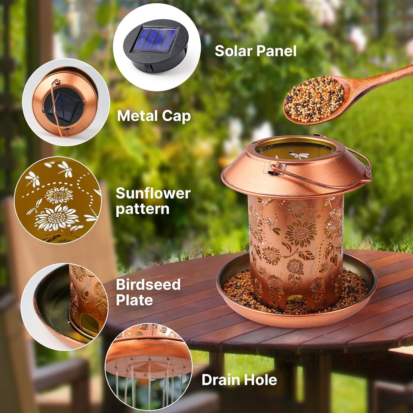 Bird Feeders for Outdoors Hanging,Metal Wild Bird Feeder Solar Lanterns Outdoor Waterproof Spring Decor Garden Gifts for Women Mom Bird Lovers,Decoration for Yard,Patio,Porch,Balcony