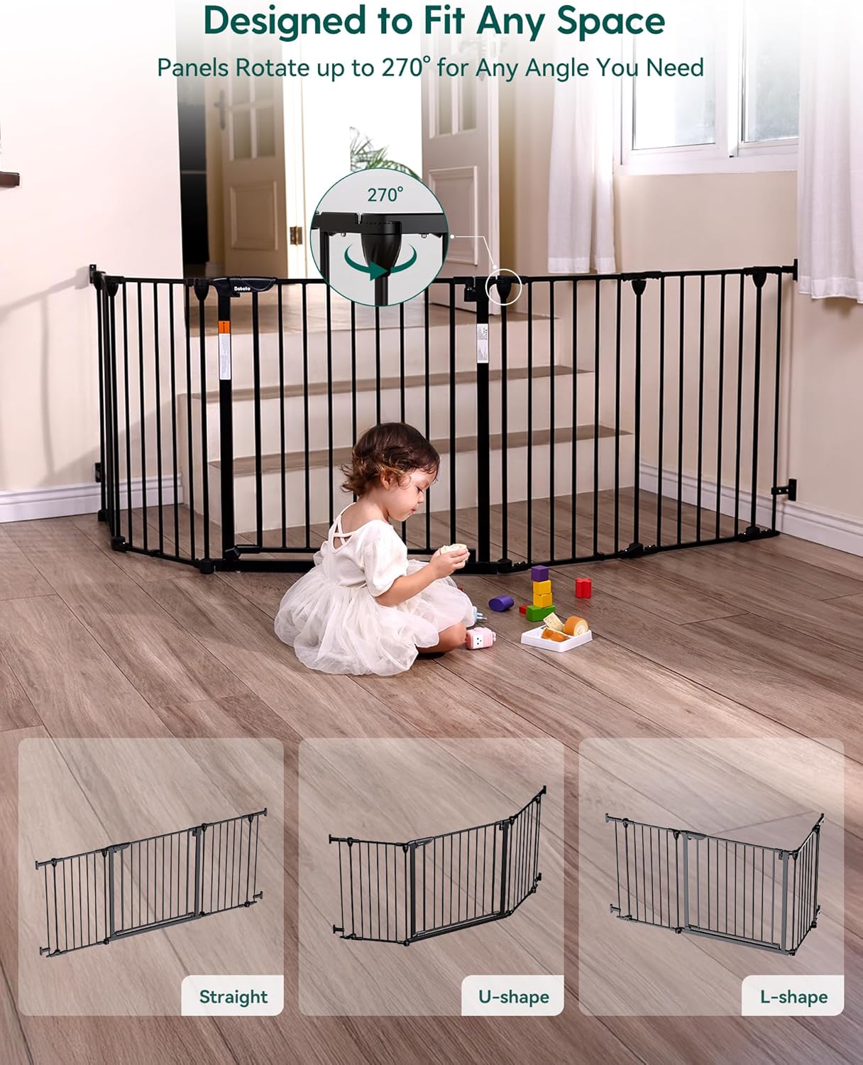 Babelio 72" Extra Wide Baby Gate, 30" Tall Auto Close Dog Fence for Stairs Kitchen Doorways Fireplace, Hardware Mounted Pet Gate Indoor, Foldable 3 Metal Panels, Black