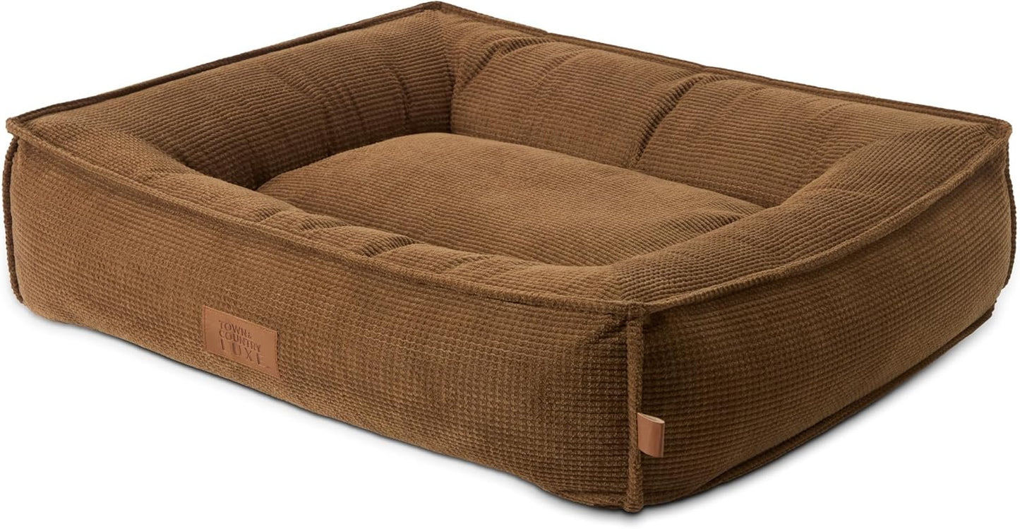 Town & Country Luxe CuddleTown Cozy Bolster Pet Bed, Ribbed Corduroy Texture, Machine Washable Cover, Soft, Cozy & Calming, Non-Slip Bottom, Brown, Medium 27"x22"x7"