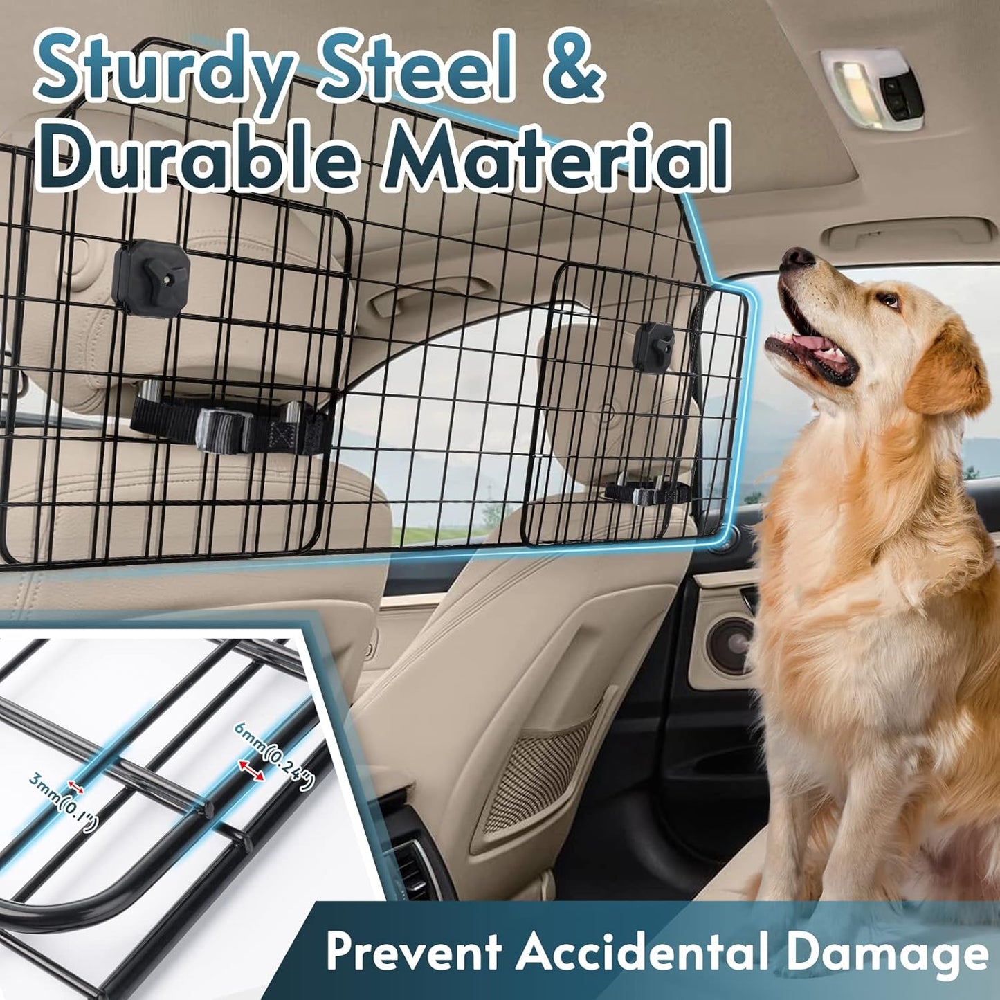 rabbitgoo Dog Car Barrier for SUVs, Adjustable Large Pet Gate, Universal-Fit Divider Cargo Net, Heavy-Duty Wire Mesh Dog Barrier SUV, Van Vehicles Subaru Car Accessories Safety Travel, Standard Model