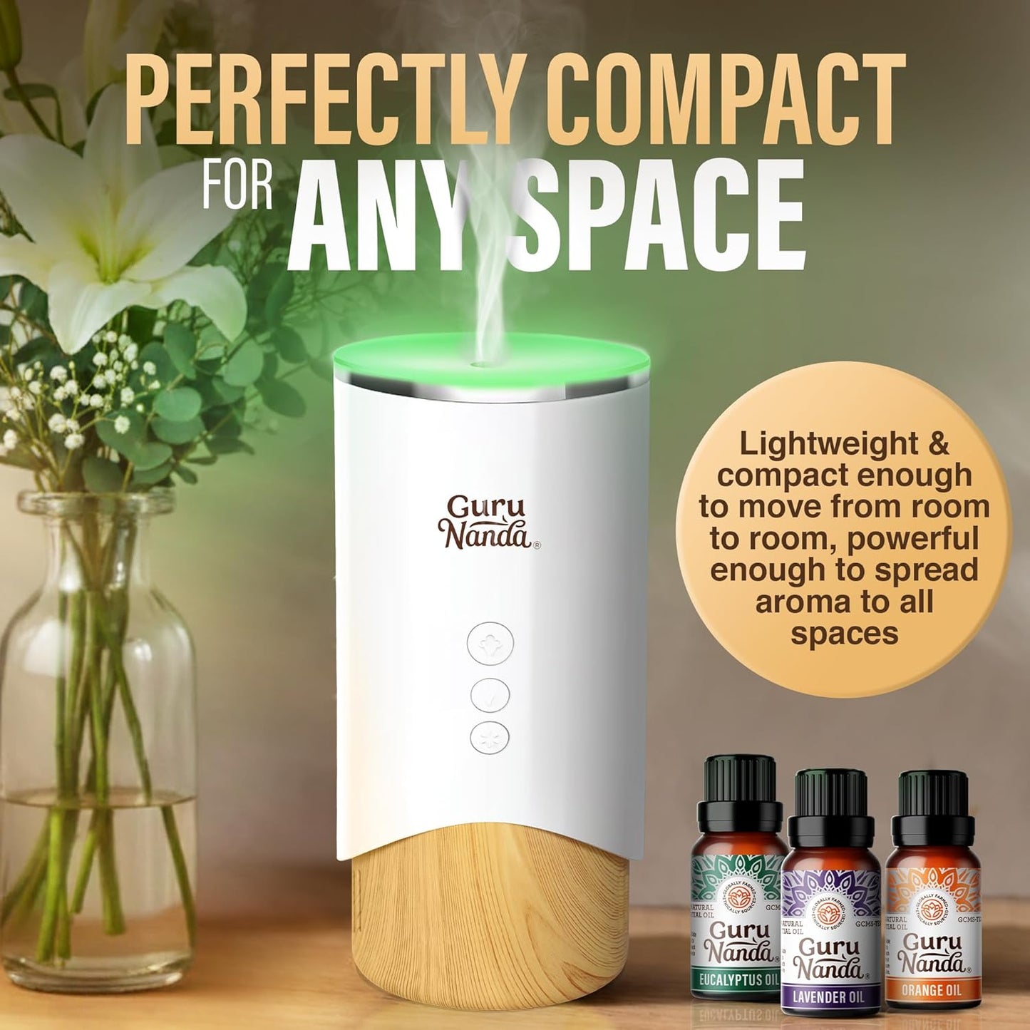 GuruNanda Calm Aura Essential Oil Diffuser, Sleek Modern Aromatherapy Diffuser with Turbo & Mist Modes, Auto Shut-Off Safety, Covers 250 Sq Ft, 100 ml