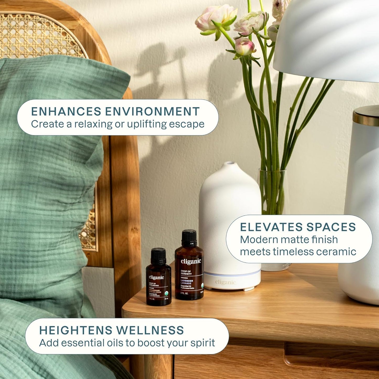 Cliganic Ceramic Diffuser (White), 100ml Ultrasonic for Essential Oils Aromatherapy, Home & Office