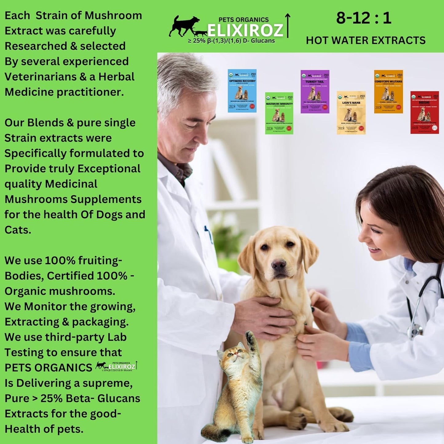 Maximum Immunity >25% β-glucan 100% Mushrooms Fruiting Body Extracts, Veterinarian Recipe for Dogs & Cats Immune, Digestive, Vitamins, Probiotics, with Turkey Tail, Reishi extracts.250 Servings