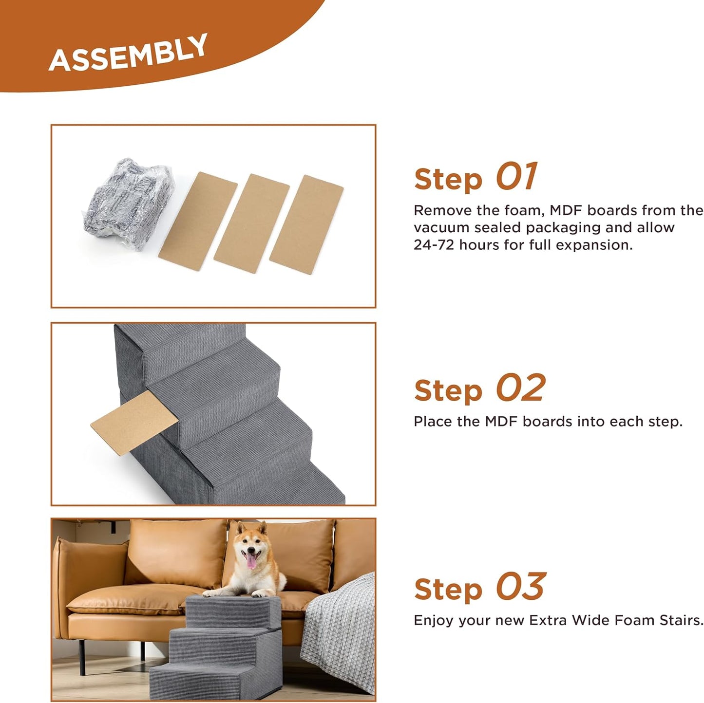 LE SURE Dog Stairs for High Beds Extra Wide Foldable Pet Steps 4-Steps for Small Dogs and Old Cats with CertiPUR-US Certified Foam and Non-Slip Bottom, Grey