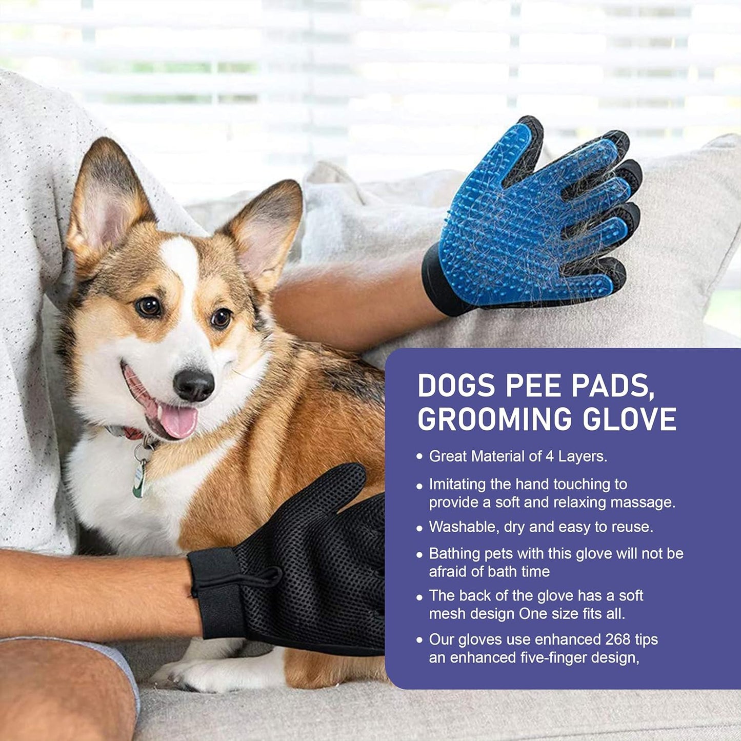 Reusable Pee Pad for Dogs - 2 Pack Blue Super Absorbent Whelping Pad Reusable Puppy Training Pads with Pet Grooming Gloves, Waterproof, Leak-Proof & Non-Slip (34 x 36)