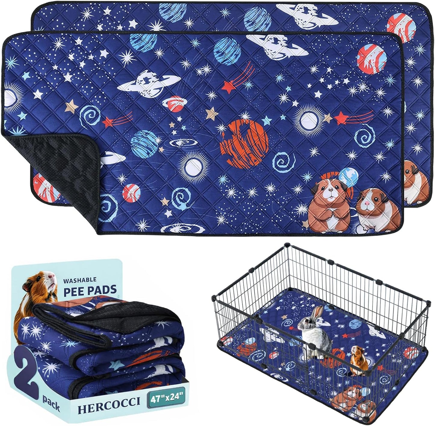 HERCOCCI 2 Pack Guinea Pig Cage Liner, 24"x48" Washable Guinea Pig Pee Pads, Absorbent Bedding Training Mat for Small Animal Guinea Pigs Rabbit Hamster