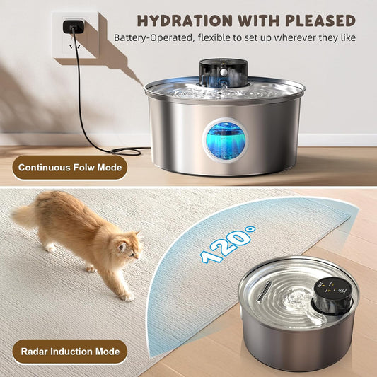 Casfuy PWL-003 Smart Motion Sensor Cordless Stainless Steel Dog & Cat Water Fountain, 108-oz