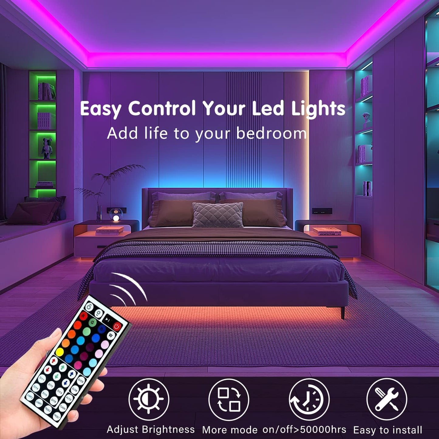 Keepsmile 100ft Led Strip Lights (2 Rolls of 50ft) Bluetooth Smart App Control Music Sync Color Changing RGB Led Light Strip with Remote,Led Lights for Bedroom Room Home Decor Party Festival