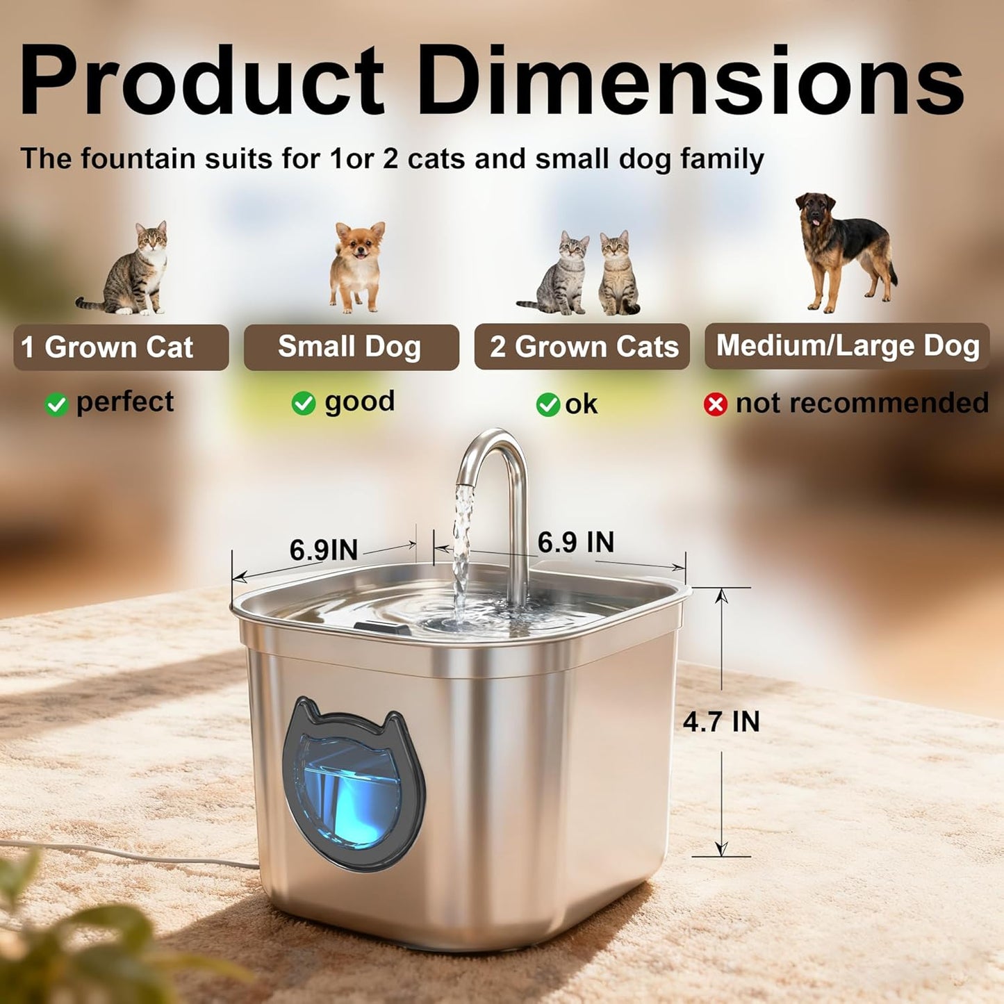 Luxury Automatic Cat Water Fountain for Pets, 2.2L/74oz Stainless Steel Dog Water Dispenser with Filter, BPA Free & Silent, Featuring LED Light, Easy Clean & Cat View Window Black