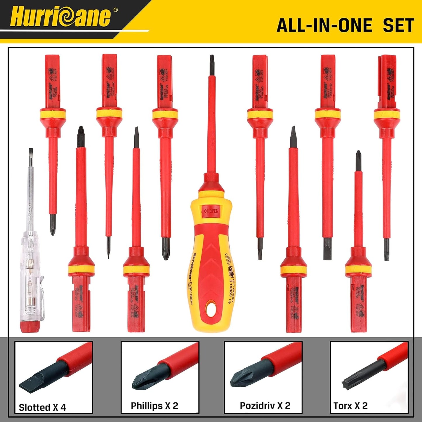 HURRICANE 1000V Insulated Electrician Screwdriver Set, 13 Piece Professional Electrical Screwdriver Set, CR-V Steel Magnetic Phillips Slotted Pozidriv Torx, Insulation VDE & GS Certified Screwdriver