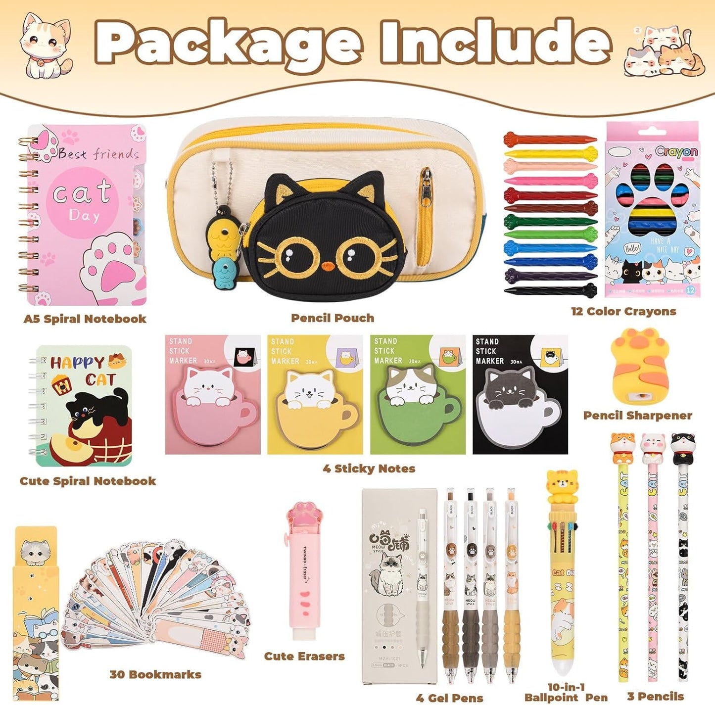 58 Pcs Cute Cartoon Cat Stationery Set Cat Lover Gifts Christmas Gifts for Boys Girls with Cat Ballpoint Pen, Gel Pens,for Birthday Gifts,School Office Classroom Supplies.