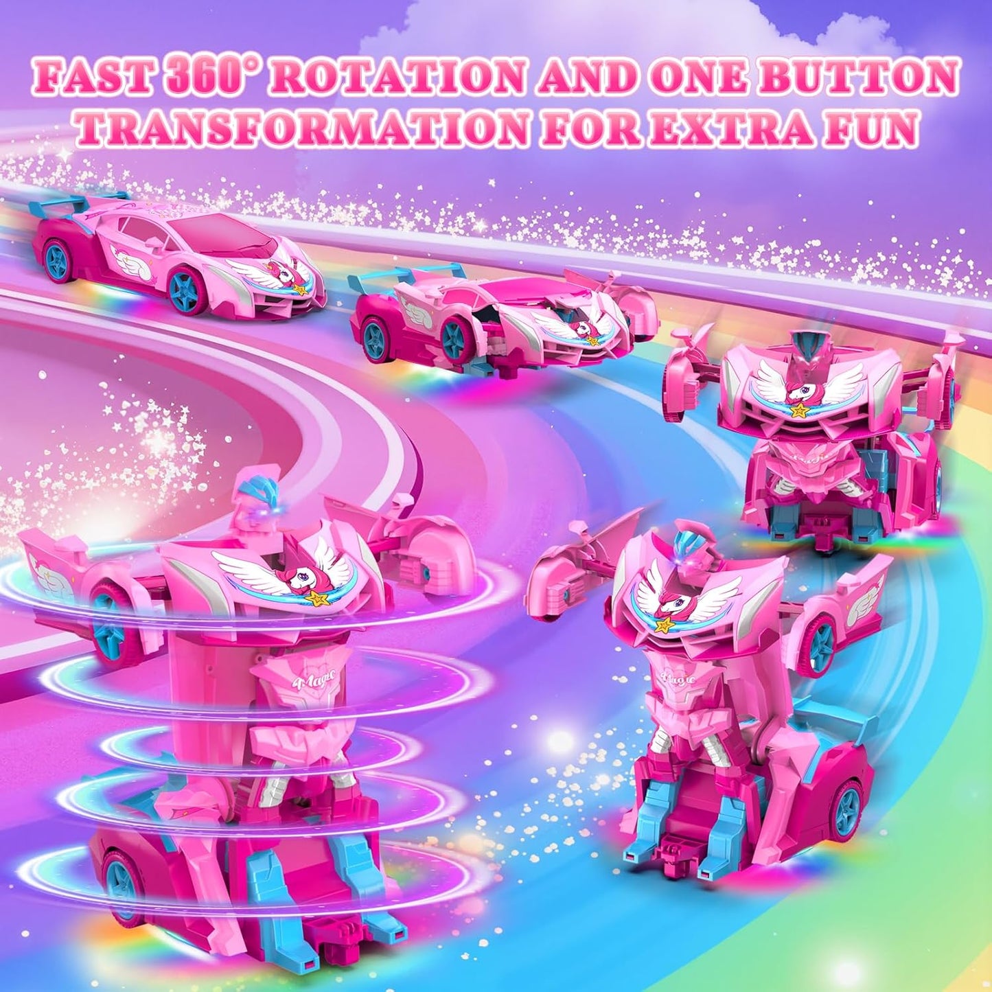 Unicorn Transform RC Cars for Girls Toys with Rainbow Eyes & Underbody Lights, Fast 360°Rotation & 2.4GHz Robot Remote Control Car One-Button Deformation,Easter Basket Stuffers for 3-12 Year Old Girls