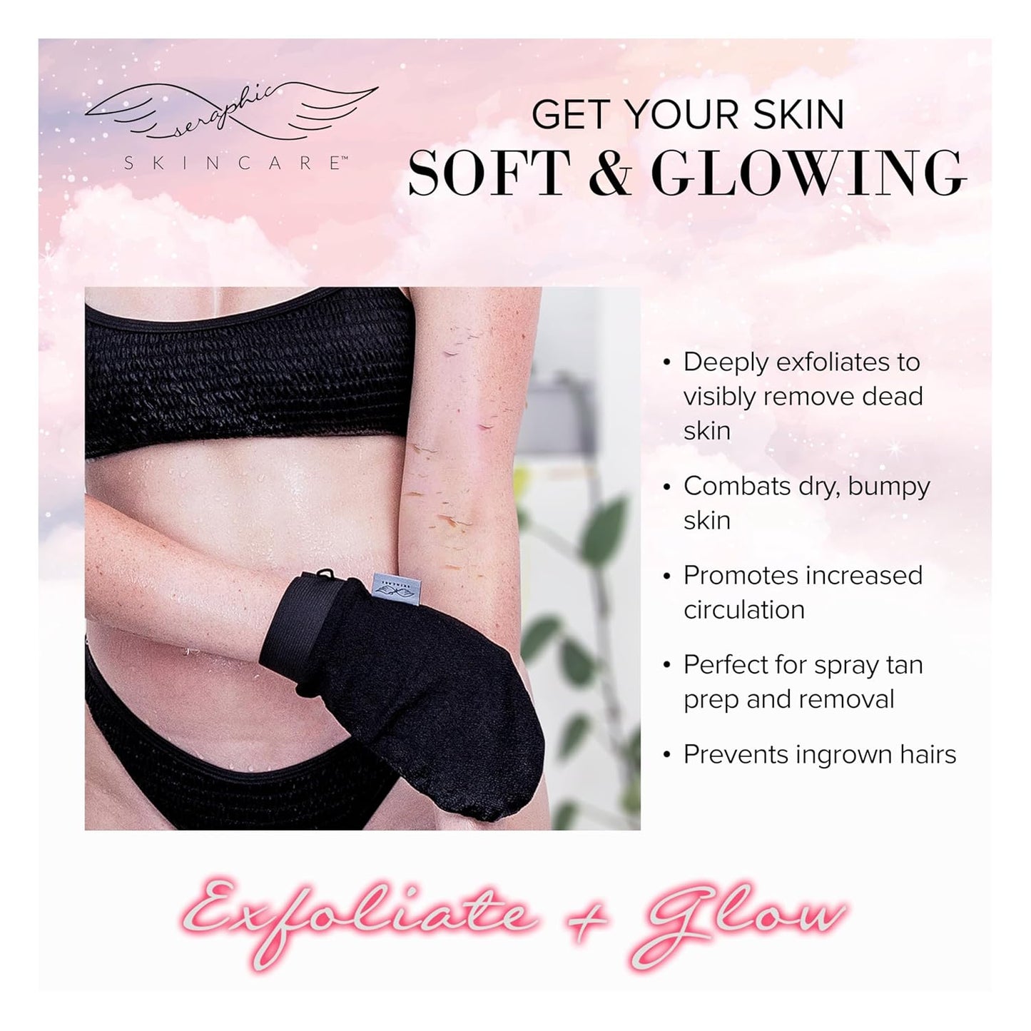 Seraphic Skincare (Original) Premium Exfoliating Mitt for Body (1pc) – 100% Vegan Viscose Traditional Body Scrub Glove Kessa Korean Washcloth – Body Exfoliator for Self-Tan Removal & Keratosis Pilaris
