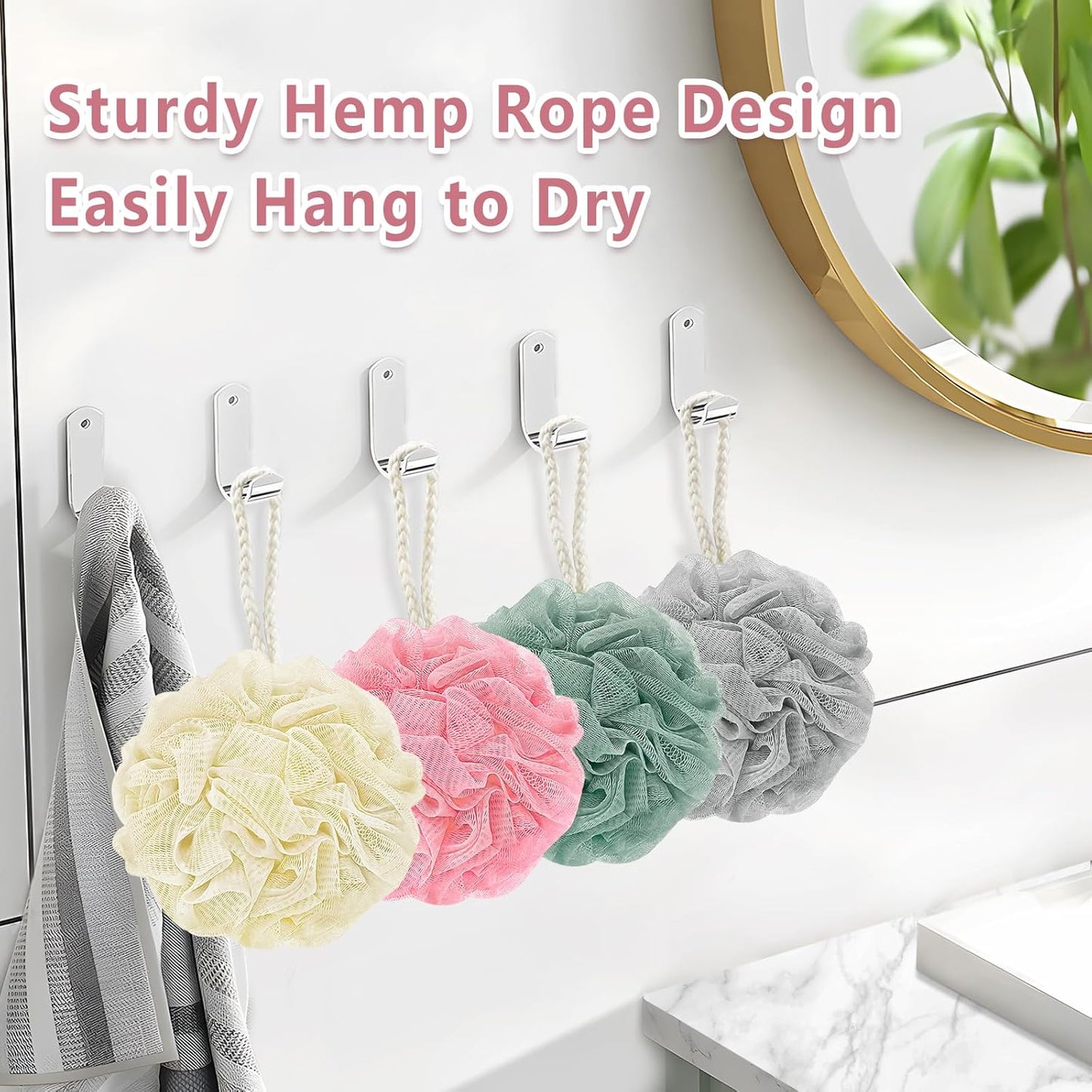 Shower Loofah Bath Sponge, 60G Loofah Exfoliating Body Scrubber, 4 Color Mesh Shower Pouf Balls for Body Wash (Pink Green White Gray)