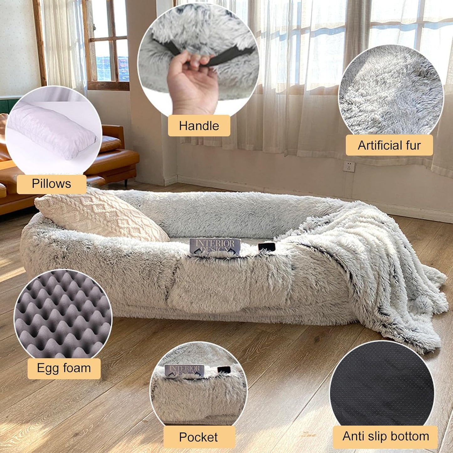 Human Dog Bed for People Adults and Pets, Large Dog Bed with Raised Cushioned Rim, Comfy Plush Large Bean Bag, Removable Cover, Washable Fluffy Floor Bed, Grey
