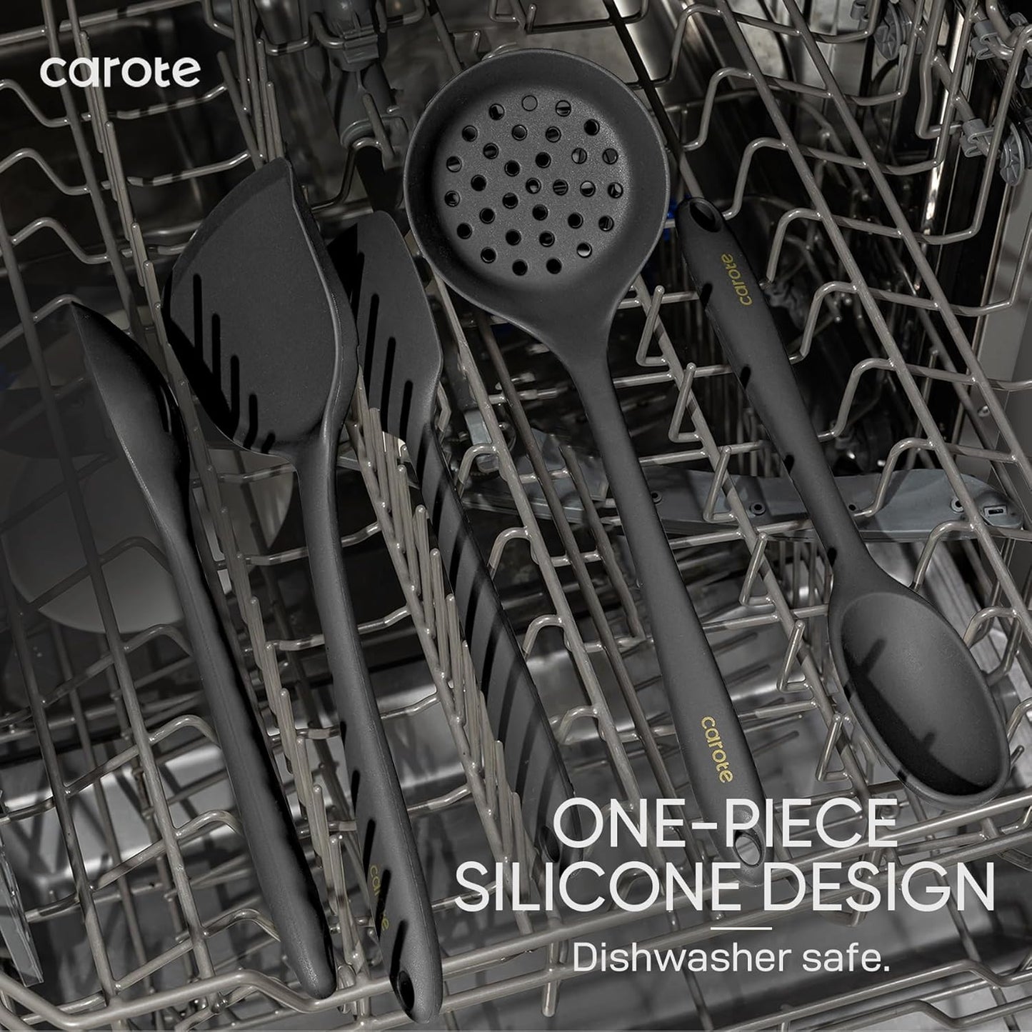 CAROTE Kitchen Utensil Set for Nonstick Cookware - 446°F Heat Resistant Silicone Cooking Utensils Set 10pcs, Dark Grey, Oderless Spatula, Turner