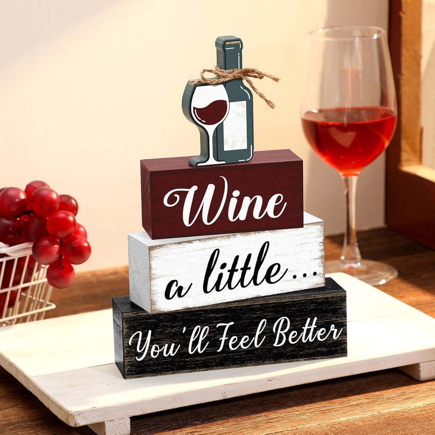 Marsui 4 Pcs Wine Tabletop Decor Rustic Coffee Bar Tiered Tray Decor Decorative Wood Wine Bottle Block Sign Gift Wooden Farmhouse Table Centerpiece for Home Party Shelf Desk Decoration