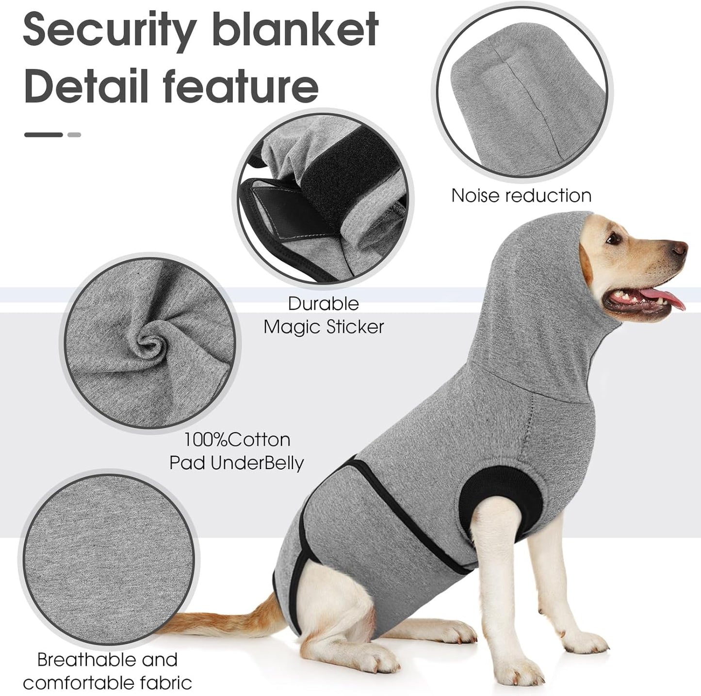 Queenmore Dog Recovery Suit, Soft Dog Surgery Suit for Female Male Dogs,Comfy Pet Surgery Recovery Suit,Anxiety Relief Calming Vest with Ear Muffs,Grey,M