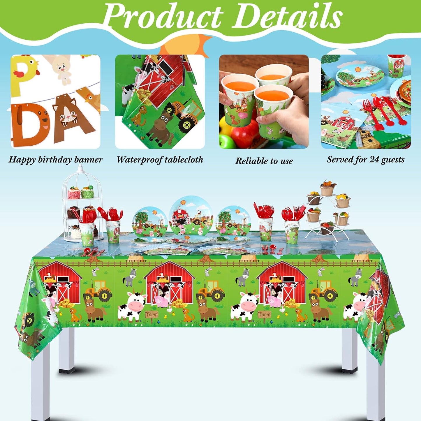Pajean 171 Pcs Farm Animals Birthday Party Supplies, 24 Guests Barnyard Theme Disposable Tableware Set, Includes Banner, Tablecloth, Plates, Cups, Napkins, Cutlery for Baby Shower, Summer Picnic