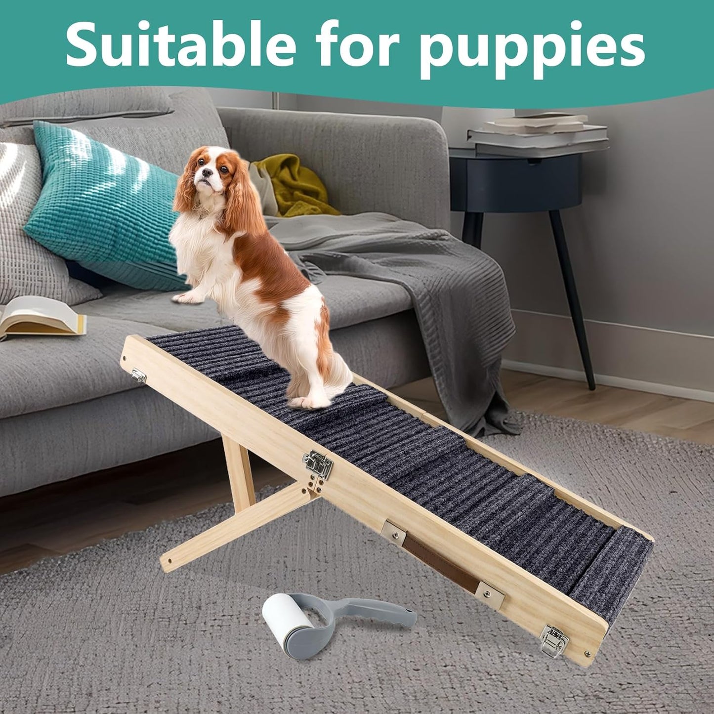 Wooden Folding Portable Pet Ramp. 4 Levels Adjustable 9" to 17.3" with Non-Slip 5 Paw Traction Mat for Small Medium Doggie. Dog Ramps-GY
