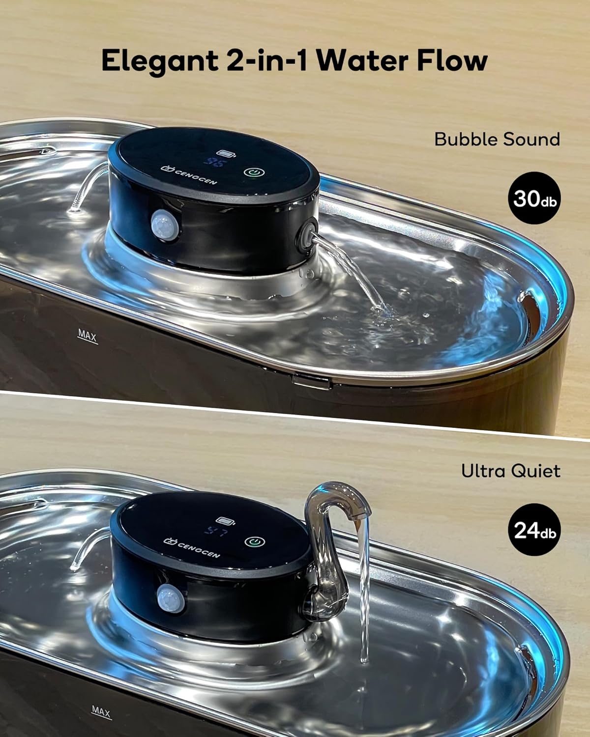Cat Water Fountain Cordless, 108oz/3.2L Wireless Cat Fountains for Drinking, Pet Water Fountains for Cats Indoor, Automatic Cat Water Dispenser Battery Operated Rechargeable, Stainless Steel Black