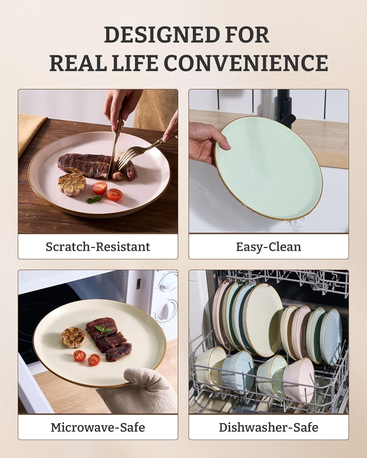 Famiware Saturn Stoneware Dinnerware Sets for 8 (24 Pieces), Ceramic Plates and Bowls Dish Sets with Hand-Painted Trim - Chip & Scratch Resistant, Microwave & Dishwasher Safe Tableware, Multi-color