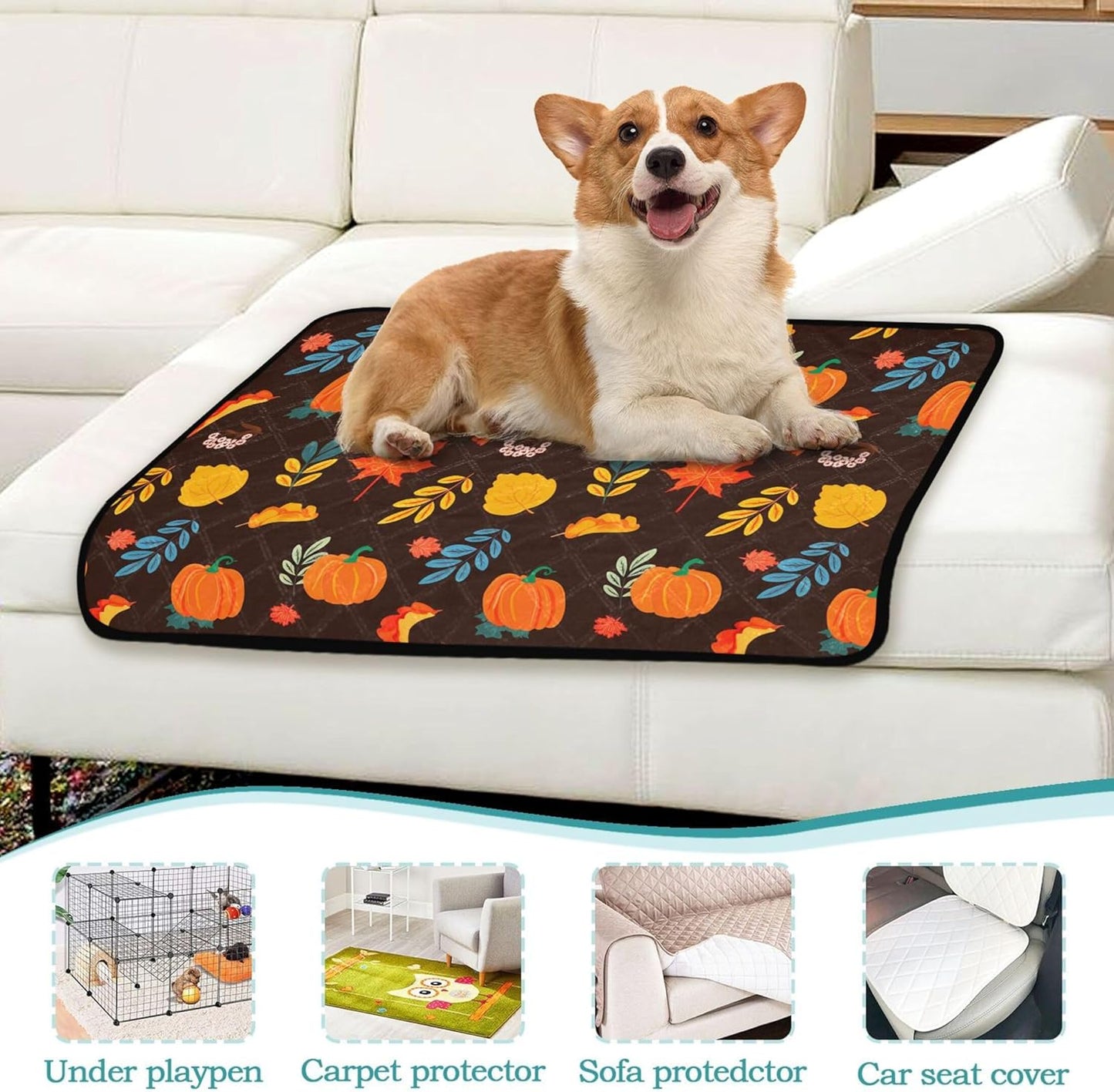 Burbuja Fall Pumpkin Washable Pee Pad for Dogs, Absorbent Leakproof Puppy Training Pad Reusable & Waterproof & Non-Slip Whelping Pad for Playpen Crate Bed Sofa, 20x24 in