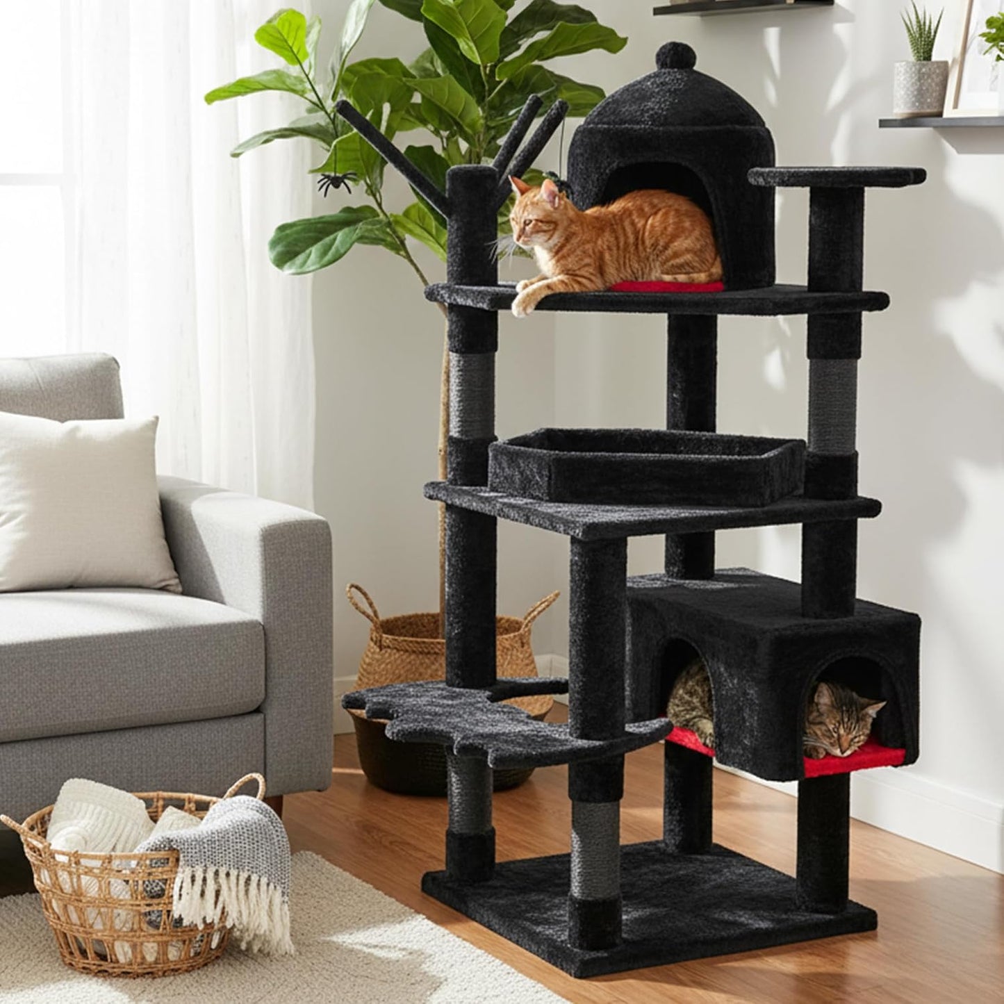 BEWISHOME Heavy Duty Cat Tree, 63 in Large Cat Trees Gothic Cat Tower with Coffin Bed, Cat Houses with Scratching Posts for Large Cats 20 lbs+, Tall cat Condos, Black & Red MMJ96R