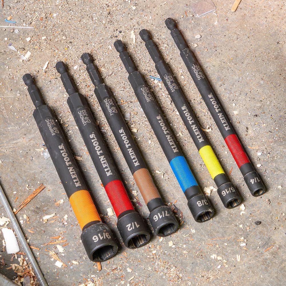 Klein Tools 32930 SAE Magnetic Impact Nut Setter Set, 6-Piece Color Coded Power Nut Driver with Extended Reach, 6 SAE Sizes