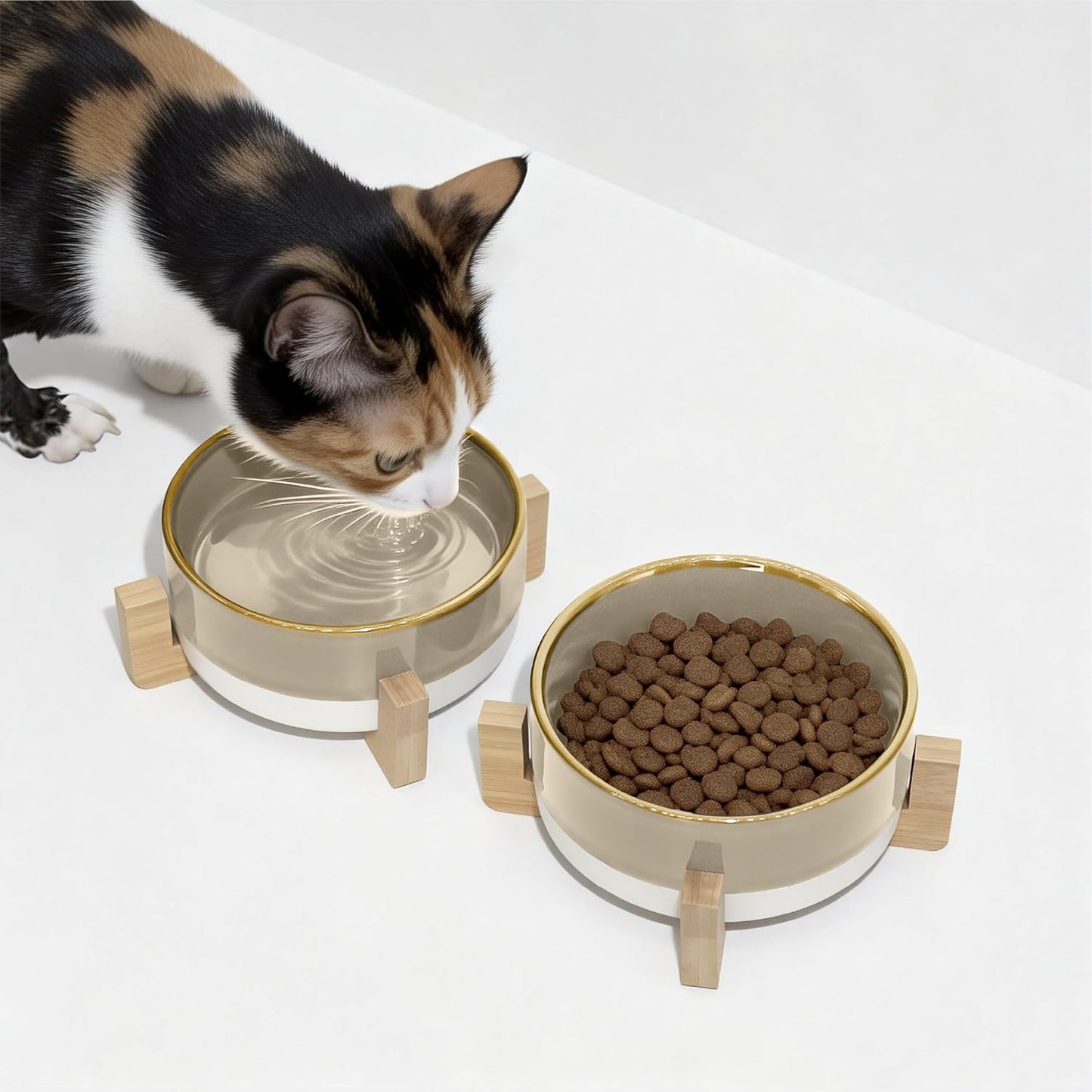 Elevated Ceramic Cat and Dog Double Bowl Set - 14 oz Lead-Free Feeder with Two Natural Bamboo Wood Stands (Brown)