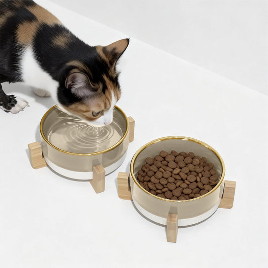 Elevated Ceramic Cat and Dog Double Bowl Set - 14 oz Lead-Free Feeder with Two Natural Bamboo Wood Stands (Brown)