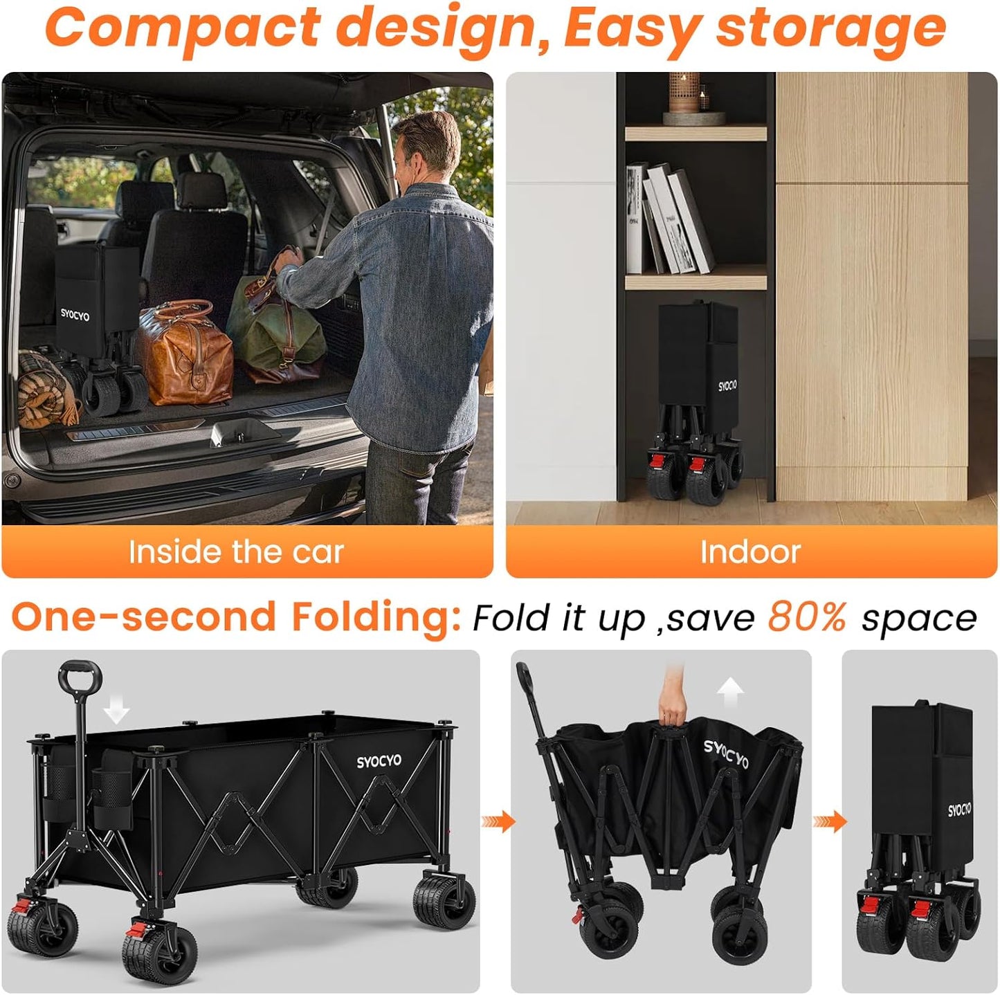 Collapsible Wagon Carts Foldable 570LBS Beach Wagon with Big All-Terrain Wheels Weight Capacity Heavy Duty Utility Carts with Cup Holders for Garden, Camping, Grocery, Sports Black