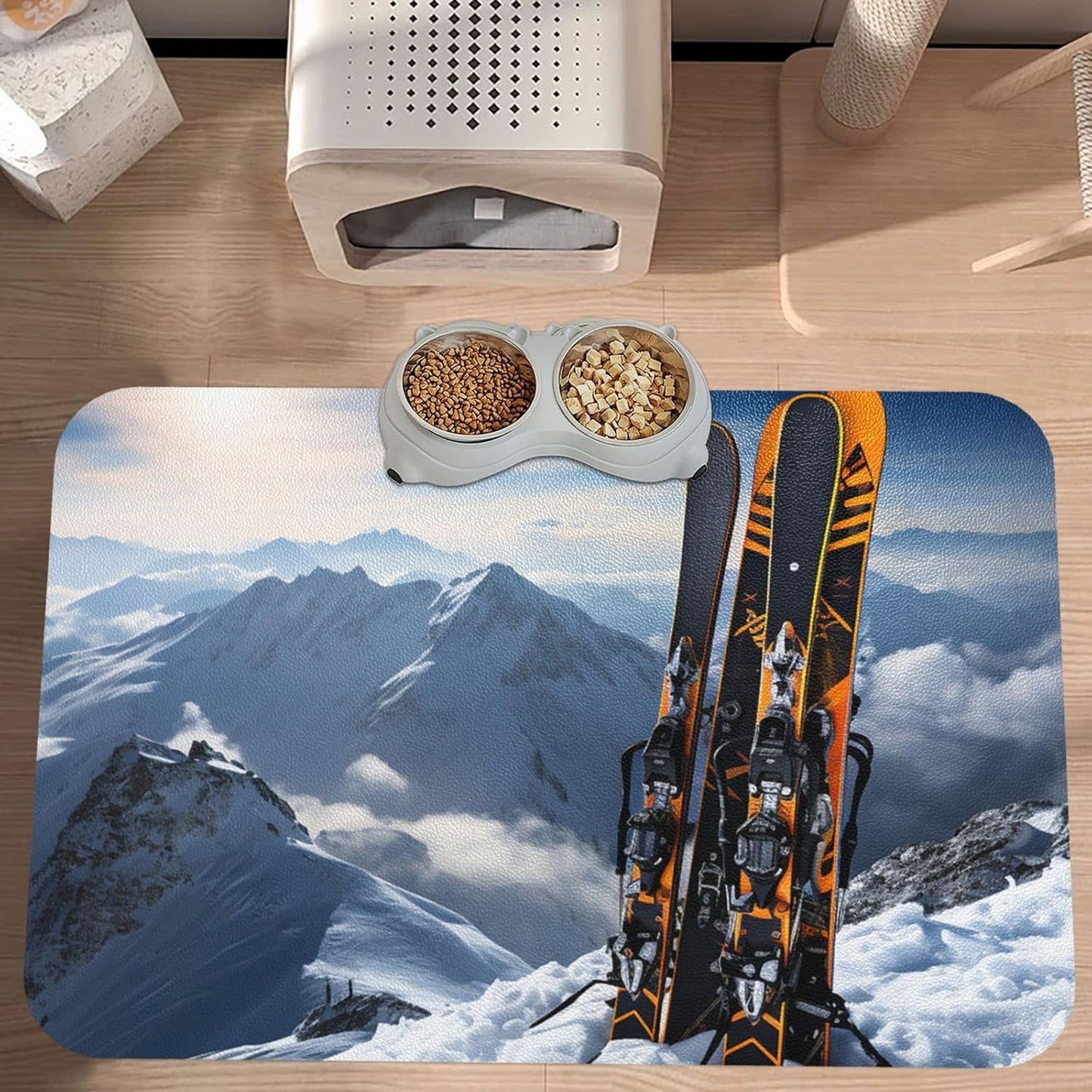 Pet Feeding Mat Leather Dog Food Mat Waterproof Pet Tablecloth Skis on Mountain Pet Placemat for Dogs Absorbent Dog Bowl Mat Anti-Slip Dogs Mats for Food and Water