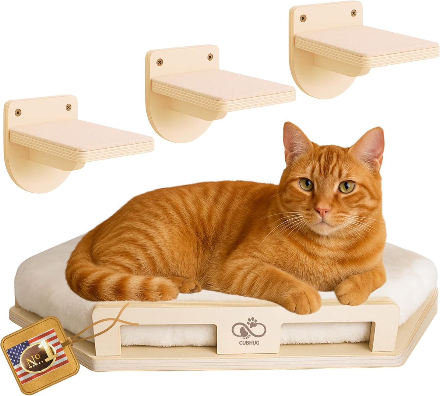 Cat Wall Shelves for Cats & Kitten up to 25 lb – Solid Wood Cozy Corner Bed + Cushion with 2 Washable Covers +3 Wooden Steps, Safe Haven for Indoor Cats, Cat Shelves for Wall, Wood Color
