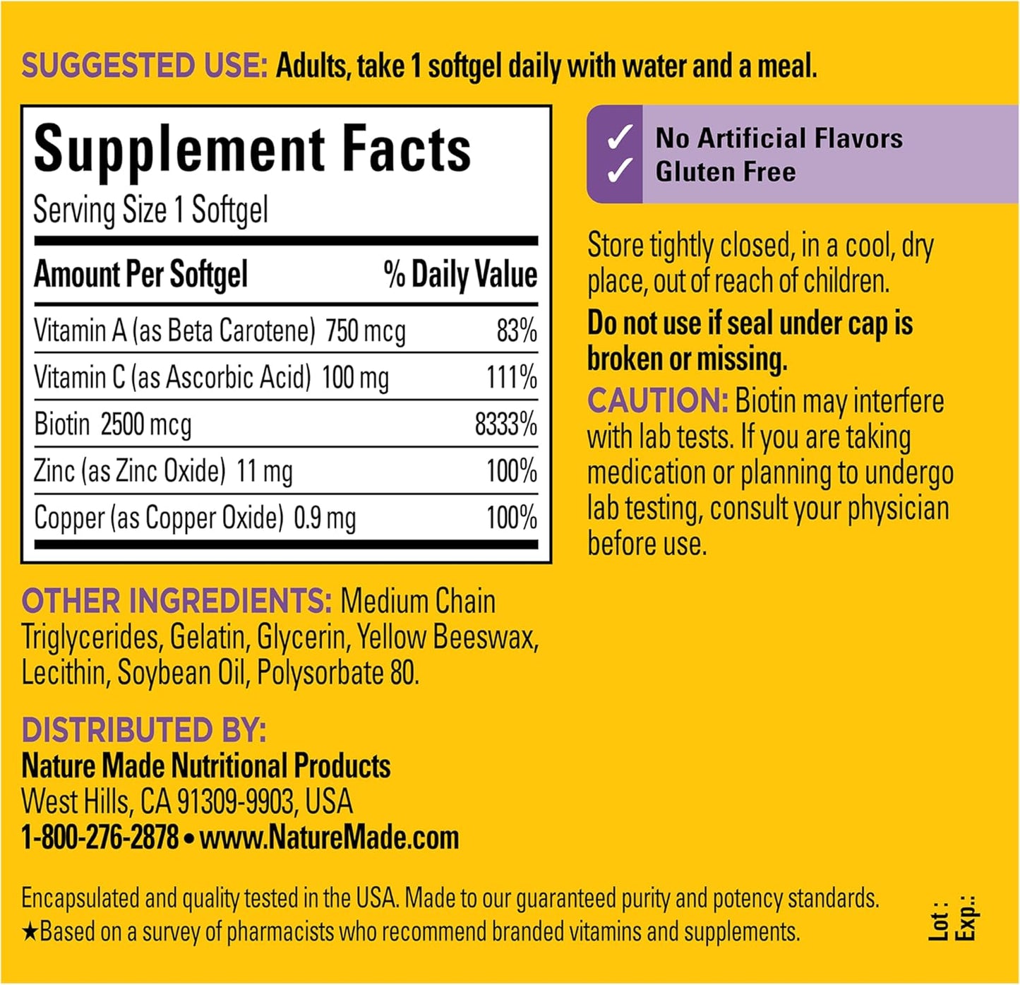 Nature Made Hair Skin and Nails with Biotin 2500 mcg, Dietary Supplement For Healthy Hair Skin and Nails Support, 120 Softgels, 120 Day Supply
