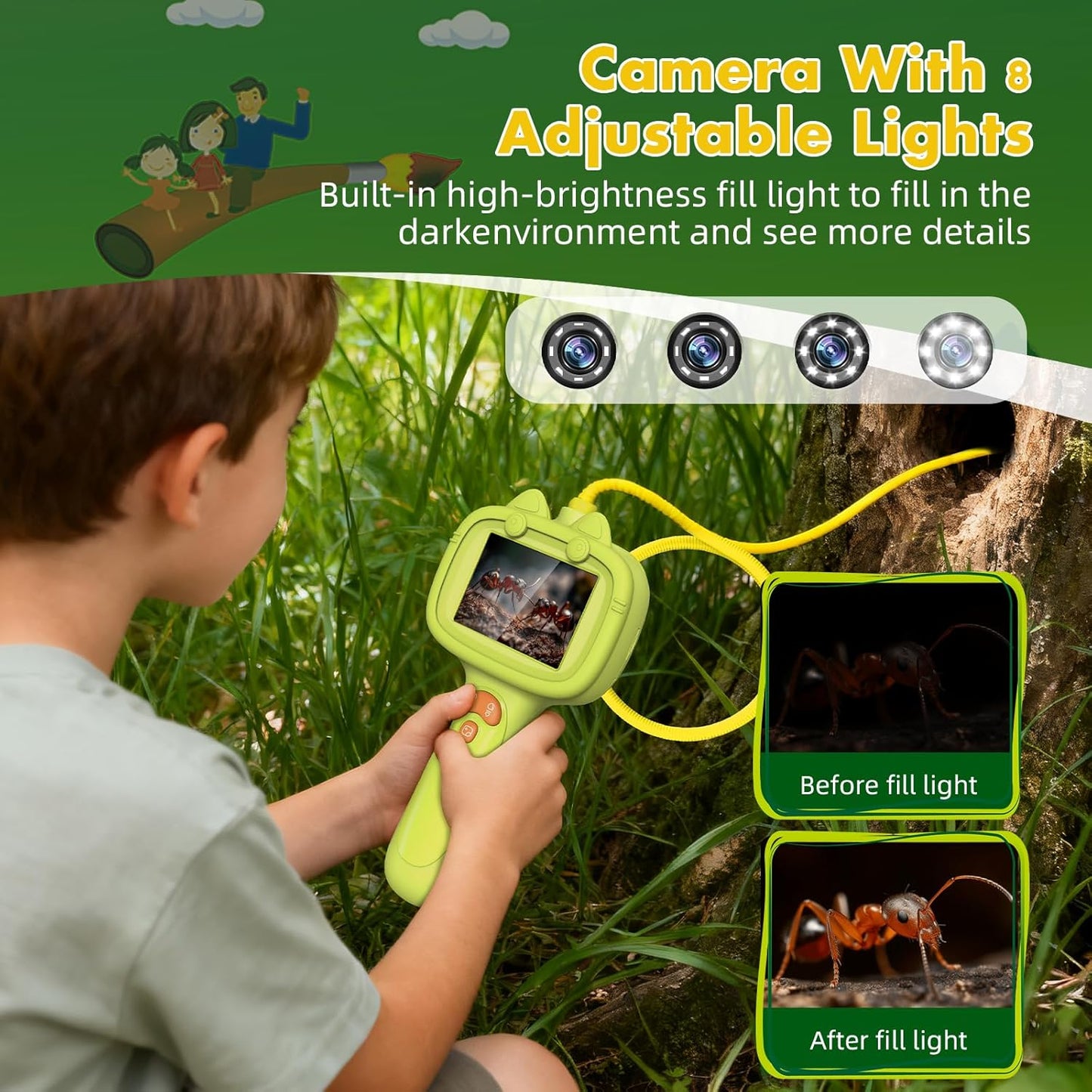 Daxiongmao Borescope Camera with Light for Kids | STEM Science Educational Toy for 3 4 5 6 7 8 Years Old Boys & Girls | Birthday Gift for Outdoor Adventures & Nature Discovery (Yellow)