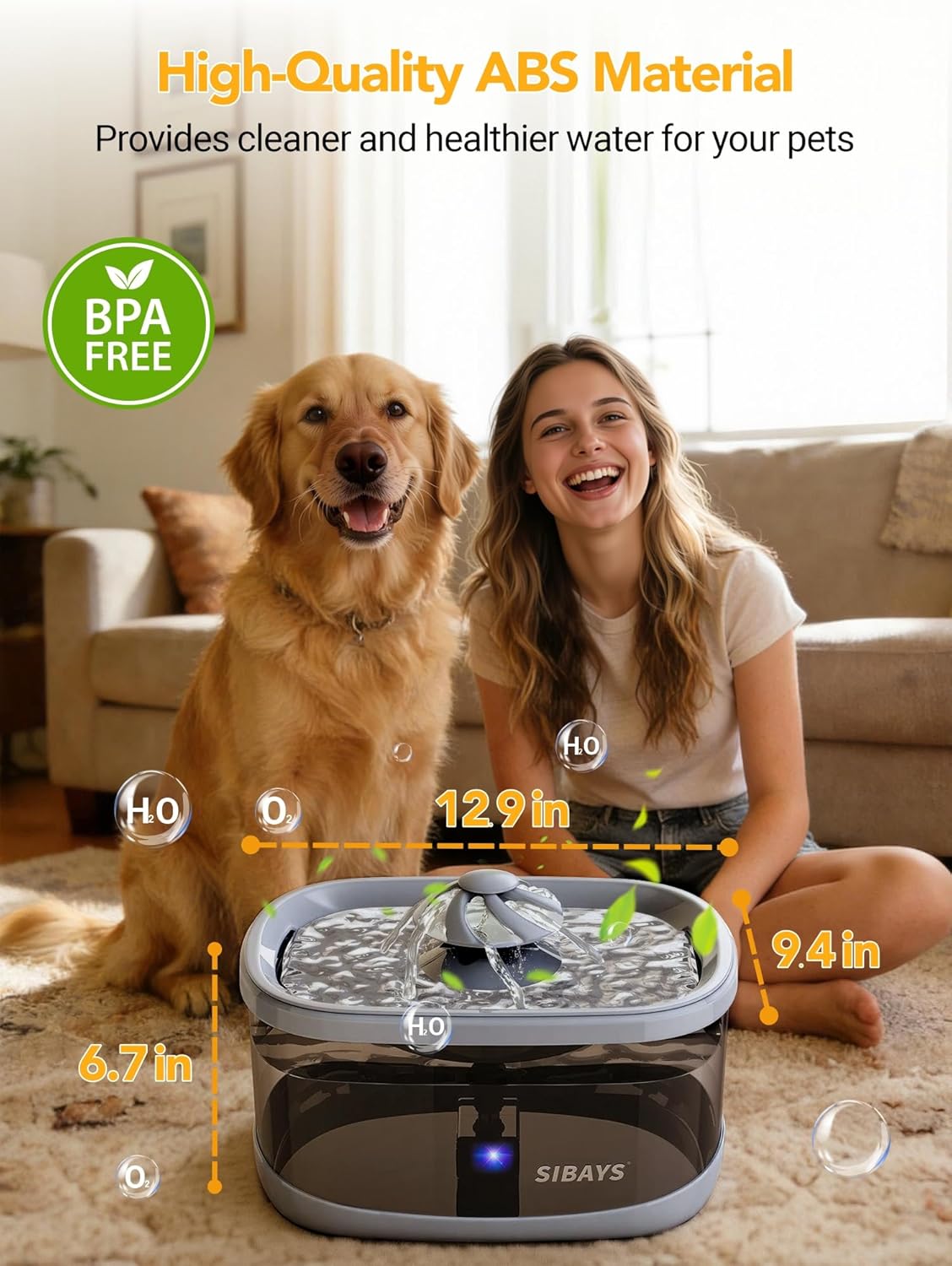 SIBAYS 9.5L Dog Water Fountain for Large Dogs, 2.5Gal Large Capacity Pet Water Fountain with 3 Flow Modes and LED Light, Automatic Ultra Quiet Dog Water Bowl Dispenser, Easy to Clean(FS82, Grey)